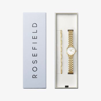 ROSEFIELD Ladies Small Edit White Dial Golden Bracelet Watch &amp; Hammered Chainlink Bracelet Gift Set 26WGSG-X278