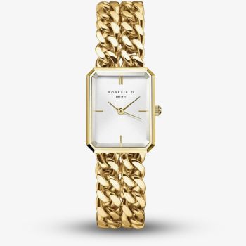ROSEFIELD Ladies Studio Octagon White Dial Double Curb Chain Golden Bracelet Watch SWGSG-O76