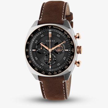 Gucci Mens Interlocking Brown Leather Strap Watch YA142335