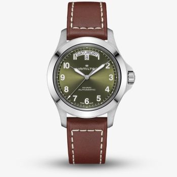 Hamilton Mens Khaki Field King Day Date Green Dial Brown Leather Strap H64475560