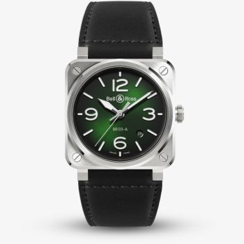 Bell &amp; Ross Mens BR-03 Green Dial Leather Strap Watch BR03A-GN-ST/SCA