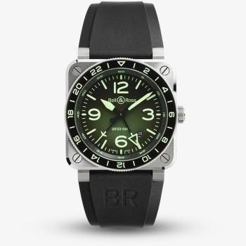 Bell &amp; Ross Mens Limited Edition BR-03 GMT Green Dial Rubber Strap Watch BR0393-GN-ST/SRB
