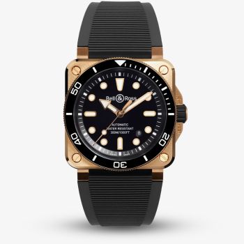 Bell &amp; Ross Mens Limited Edition BR-03 Diver Bronze Case Rubber Strap Watch BR03A-D-BL-BR/SRB