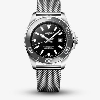Longines Mens Hydroconquest Automatic 42mm Black Dial Mesh Bracelet Watch L3.788.4.70.6