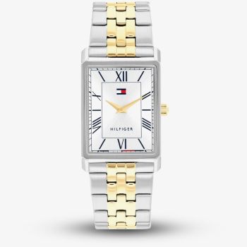 Tommy Hilfiger Mens Ben Rectangle Silver Dial Two Tone Bracelet Watch 1710774