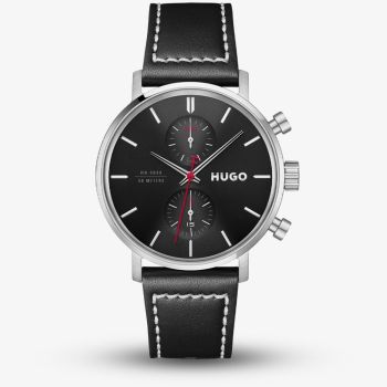 HUGO Mens #TakeOff Black Dial Leather Strap Watch 1530465