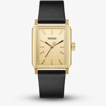 HUGO Mens #Steeze Rectangle Gold Dial Leather Strap Watch 1530481