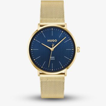 HUGO Mens #Style 3H Golden Blue Dial Mesh Bracelet Watch 1530473