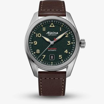 Alpina Mens Startimer Pilot Automatic Khaki Dial Leather Strap Watch AL-525KW4S36
