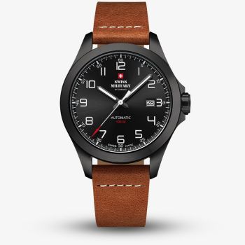 Swiss Military Mens Automatic Black Dial Brown Leather Strap Watch SMA34077.05