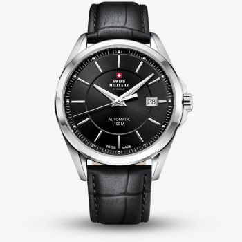 Swiss Military Mens Automatic Black Dial Black Leather Strap Watch SMA34085.13