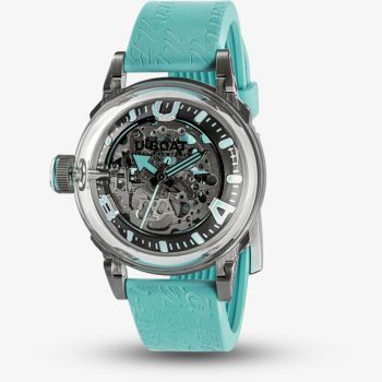 U-BOAT Mens U-65 Skeleton Dial Turquoise Rubber Strap Watch U3345