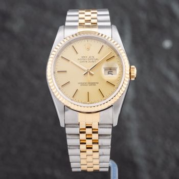 Pre-Owned Rolex Mens Datejust Gold Dial Silver Bracelet Watch 16233
