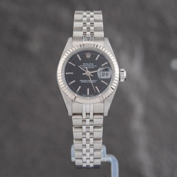 Pre-Owned Rolex Ladies Datejust Black Dial Silver Bracelet Watch 79174