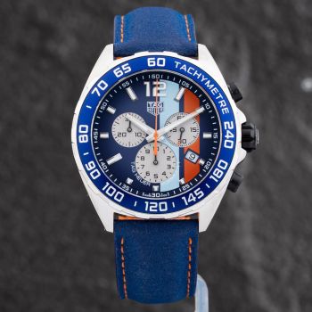 Pre-Owned TAG Heuer Mens Formula 1 Chronograph Gulf Special Edition Blue Leather Strap Watch CAZ101N.FC8243