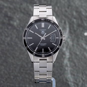 Pre-Owned TAG Heuer Mens Carrera Calibre 5 Black Dial Silver Bracelet Watch WV211M