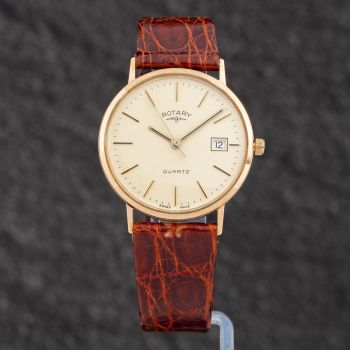 Pre-Owned Rotary Mens 9ct Gold Leather Strap Watch