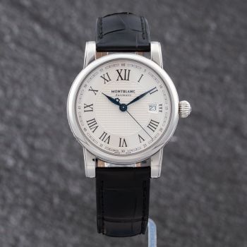 Pre-Owned Montblanc Mens Star Silver Dial Leather Strap Watch 107114