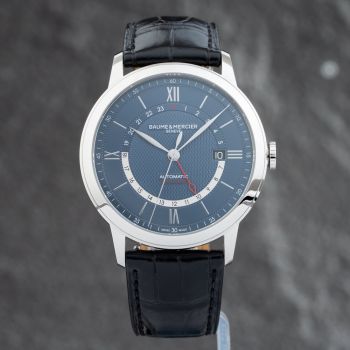 Pre-Owned Baume &amp; Mercier Mens Classima Dual Time Blue Dial Leather Strap Watch 10482