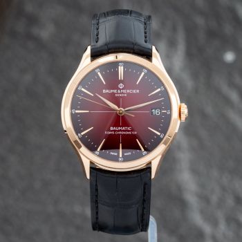 Pre-Owned Baume &amp; Mercier Mens Clifton 18ct Rose Gold Red Dial Leather Strap Watch 10591