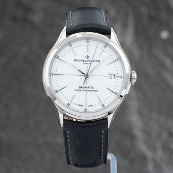 Pre-Owned Baume &amp; Mercier Mens Clifton White Dial Leather Strap Watch 10569