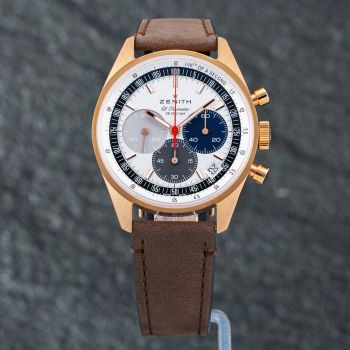 Pre-Owned Zenith Mens Chronomaster Original 18ct Rose Gold Silver Dial Leather Strap Watch 18.3200.3600/69.C901
