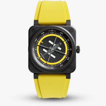 Bell &amp; Ross Mens Limited Edition Helipad Yellow Rubber Strap Watch BR03A-HE-CE/SRB