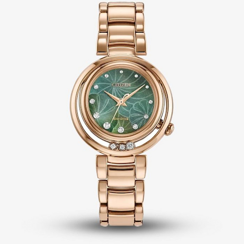 Citizen L Arcly Eco Drive Rose Gold Plated Diamond Floral Green Watch EM1113-58Y