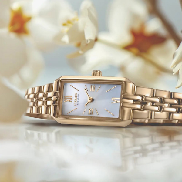 Citizen Ladies Silhouette Gold Tone White Rectangle Dial Watch
