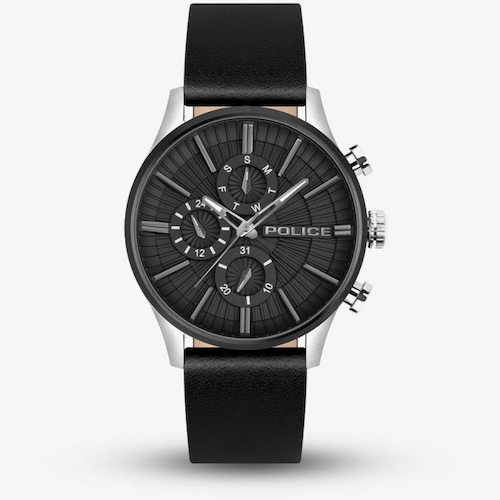 Police Mens Barter Black Leather Strap Watch