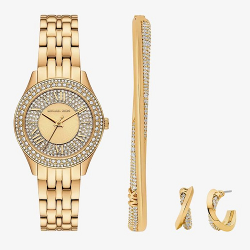 Michael Kors Ladies Harlowe Gold Plated Watch Pave Bangle & Earrings Set