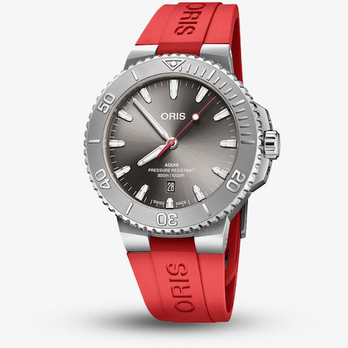 Oris Mens Aquis Date Relief Sunray Grey Dial Red Rubber Strap Watch