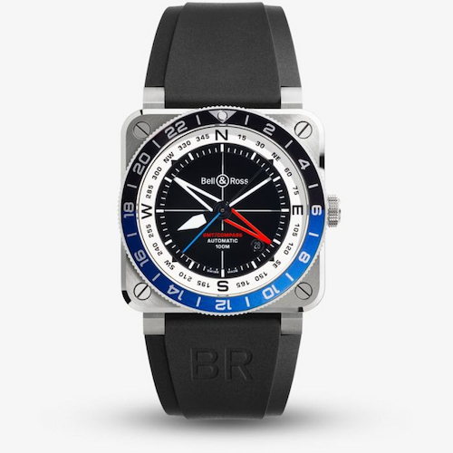 Bell &nRoss Mens Limited Edition GMT Compass Black Rubber Strap Watch