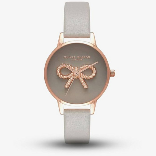 Olivia Burton Vintage Bow Rose Gold London Grey Leather Strap Watch