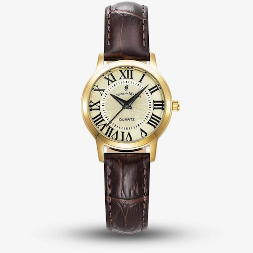 Jacques du Manoir Ladies Genesis Gold Dial Brown Leather Strap Watch