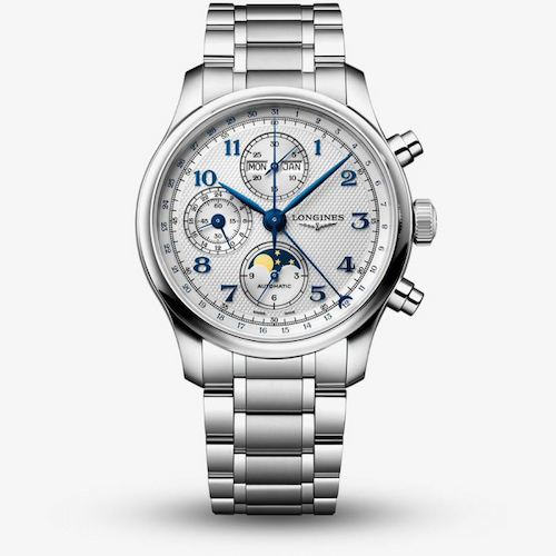 Longines Mens Master Collection Chronograph Moonphase Silver Dial Bracelet Watch