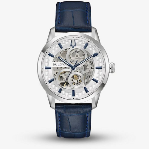 Bulova Mens Sutton Automatic Blue Skeleton Dial Leather Strap Watch