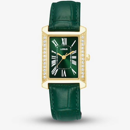 Lorus Ladies Rectangular Green Dial Leather Strap Watch