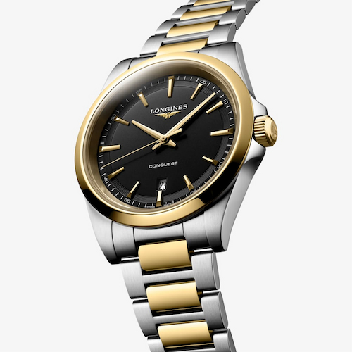 Longines Mens Conquest Black Dial Two-Tone Stainless Steel Bracelet Watch 