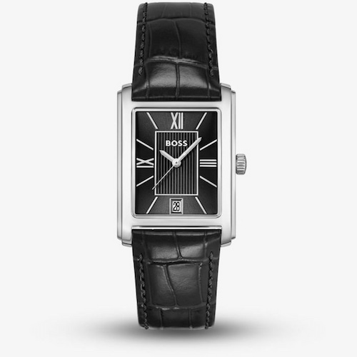 BOSS Mens Principle Rectangle Dial Black Leather Strap Watch