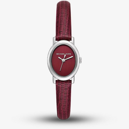 Michael Kors Ladies Red Oxblood Petite Maude Silver -Tone and Lizard Embossed Leather Watch