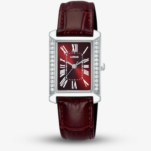 Lorus Ladies Rectangular Red Dial Leather Strap Watch