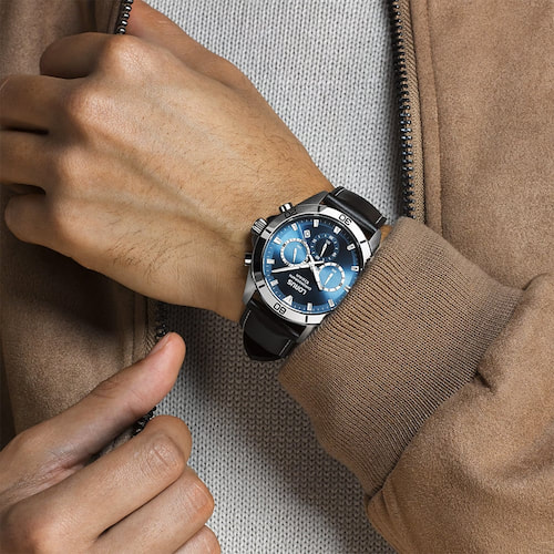 Lorus Mens Grey Blue Sunray Chronograph Leather Strap Watch