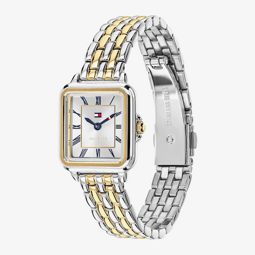 Tommy Hilfiger Ladies Mia Two Tone Square Silver Dial Bracelet Watch