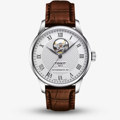 Tissot Mens Le Locle Open Heart Silver Dial Brown Leather Strap Watch